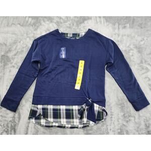 NEW IZOD Tie Front 2-Fer Sweatshirt Plaid Attached Shirt Size S Blue Nautical